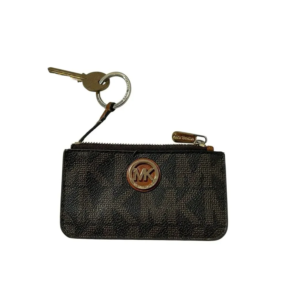 Michael Kors Brown Leather Logo Zip-Around Keyring Pouch Key Chain
